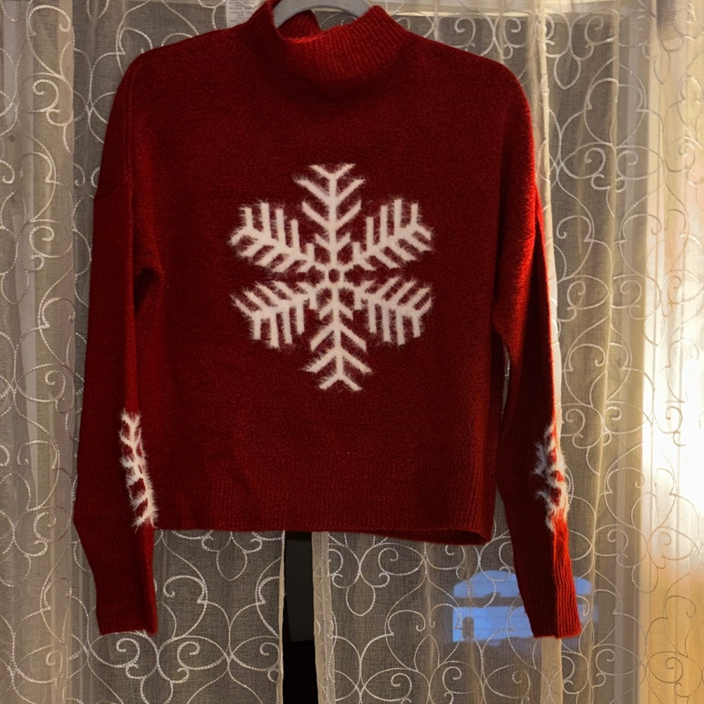 Jessica Simpson Red Knit Turtleneck Sweater with White Snowflake